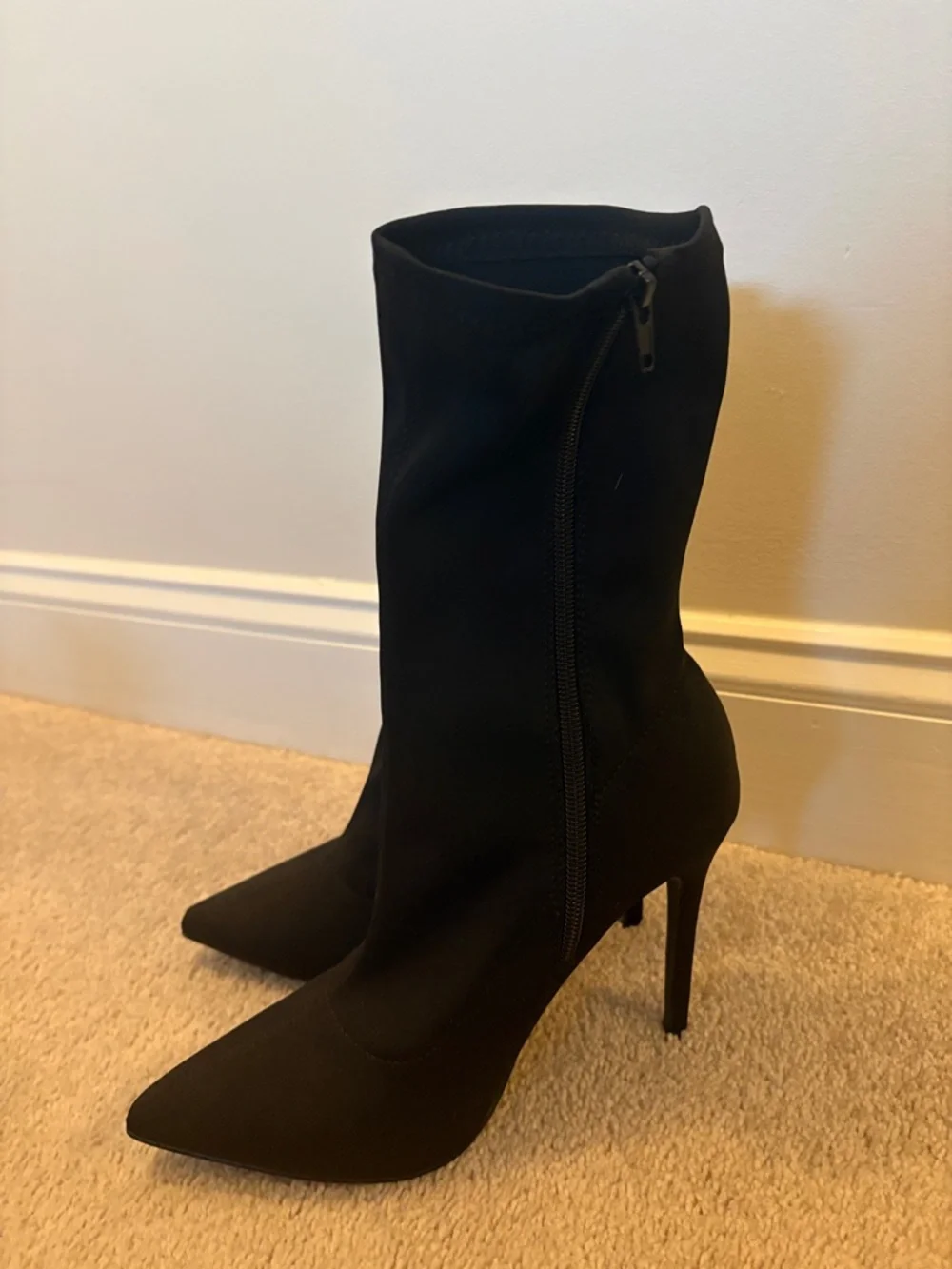 Fashion Nova Black Pointed Toe Stretch Heeled Sock Boots - Picture 2 of 4